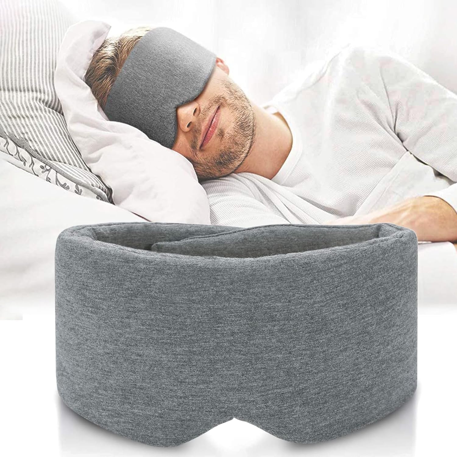 Cotton Sleep Eye Mask for Men - Upgrade Design Blackout Side Sleeper Eyes Cover for Night Sleeping, Large Size Wide Soft Travel Airplane Blindfold with Adjustable Velcro Strap for Work Nap