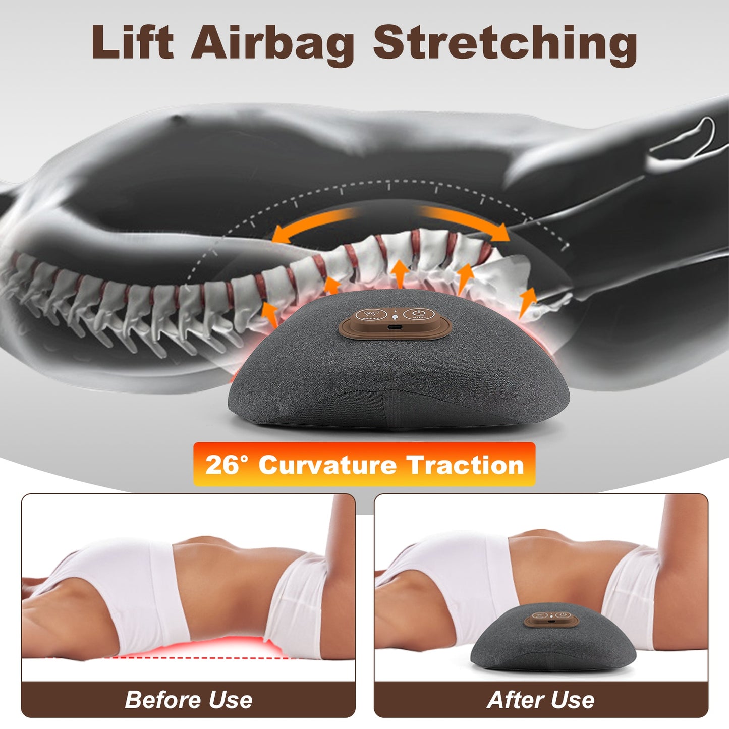 3 in 1 Electric Lumbar Massager Support Pillow Plug-In Memory Foam Lower Back Massager with Heat Vibration Airbag Stretching Adapter for Pain Relief