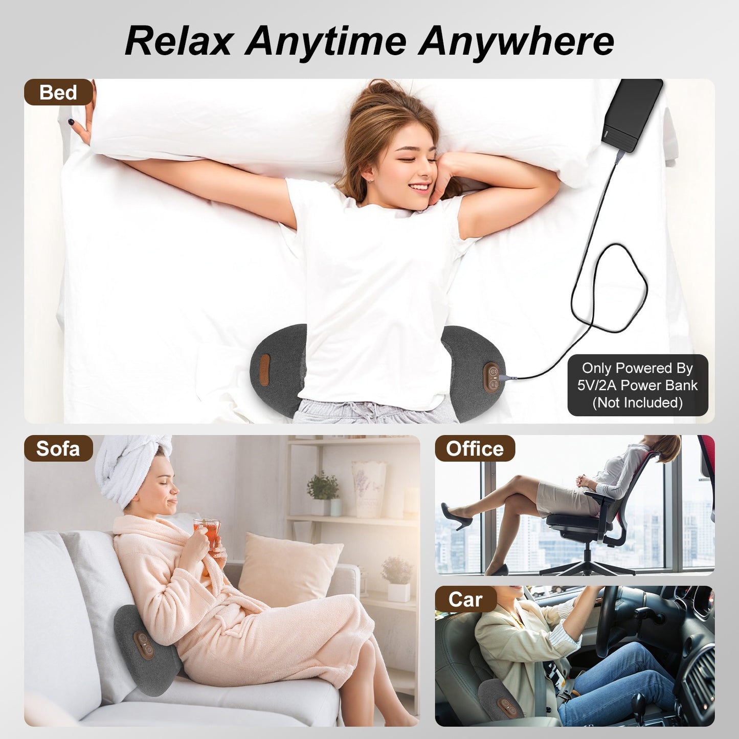3 in 1 Electric Lumbar Massager Support Pillow Plug-In Memory Foam Lower Back Massager with Heat Vibration Airbag Stretching Adapter for Pain Relief