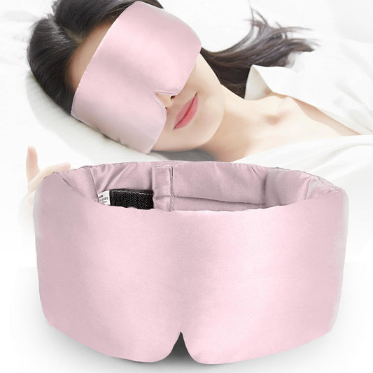 Silk Sleep Mask WOVTE 100% Mulberry Silk Sleep Mask for Women Man with Adjustable Headband Soft Pressureless Total Blackout for Sleep Travel Rest and Office Large Size (Pink)