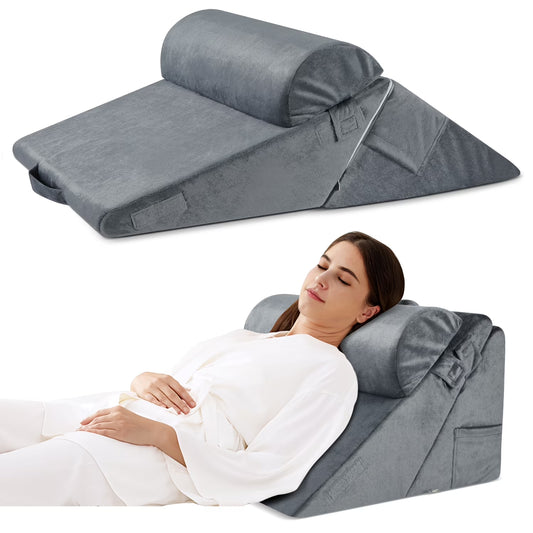 Wedge Pillow for Sleep Apnea, Adjustable Wedge Pillow Headboard, Bed Wedge Pillow for Acid Reflux and Back Pain Relief, Pillow Wedge for Sleeping with Neck Support Pillow, Flannel, Grey